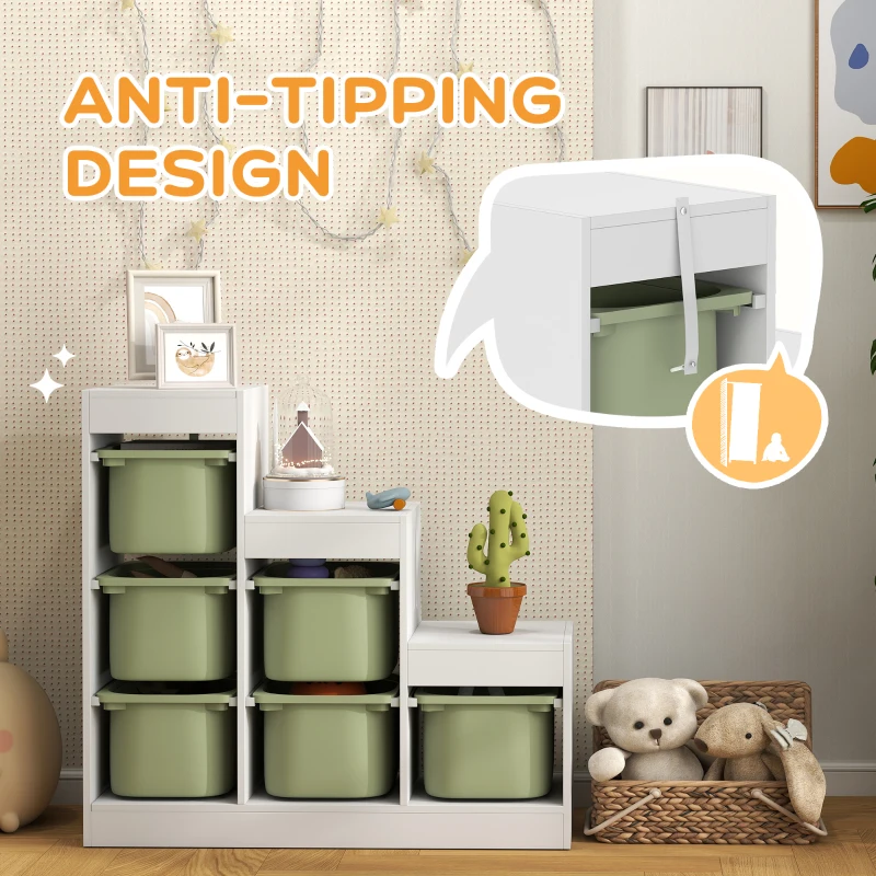 Qaba 3 Layers Toy Storage Organizer Kids Bookshelf Children Toy Storage w/ 6 Plastic Bins, Green
