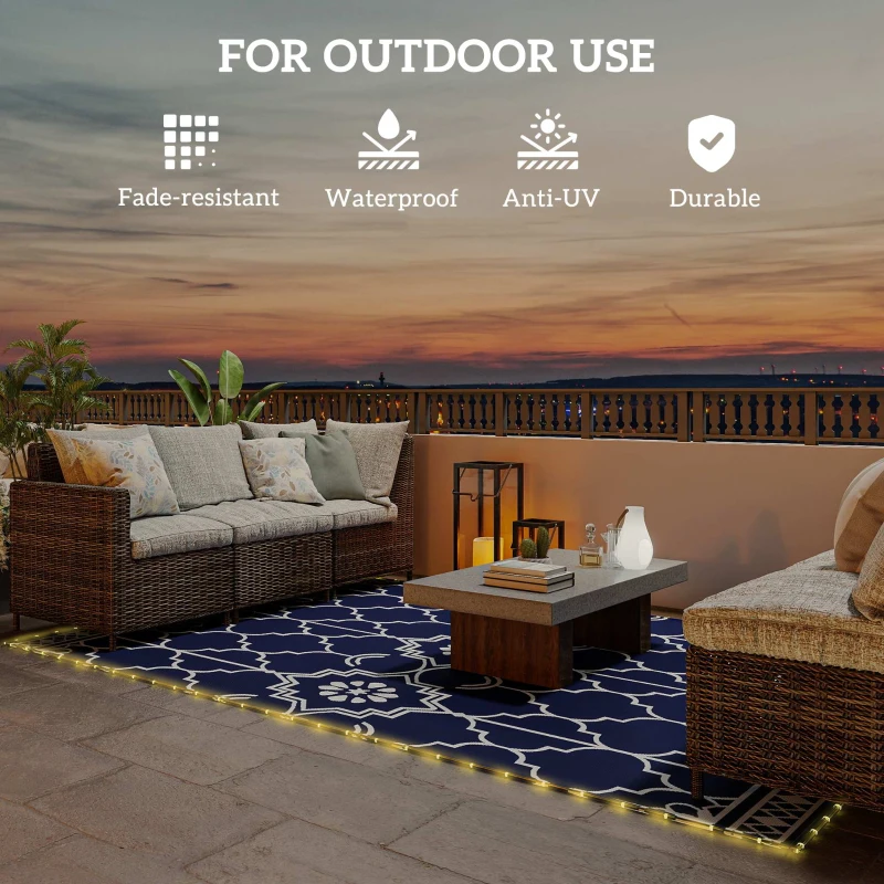 Outsunny Reversible Outdoor Rug Carpet with LED Lights, 12' x 9' PP Straw Rug with Carry Bag and Ground Stakes
