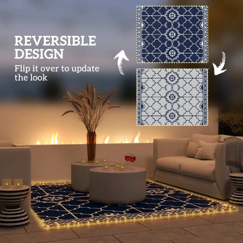 Outsunny Reversible Outdoor Rug Carpet with LED Lights, 10' x 8' PP Straw Rug with Carry Bag and Ground Stakes