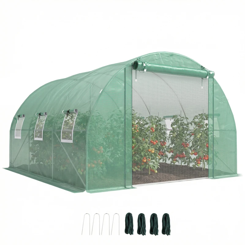 Outsunny 10'x11'x6' Walk-in Tunnel Greenhouse with Shelves, Mesh Door and Windows, Hoop House Greenhouse with PE Cover, Green
