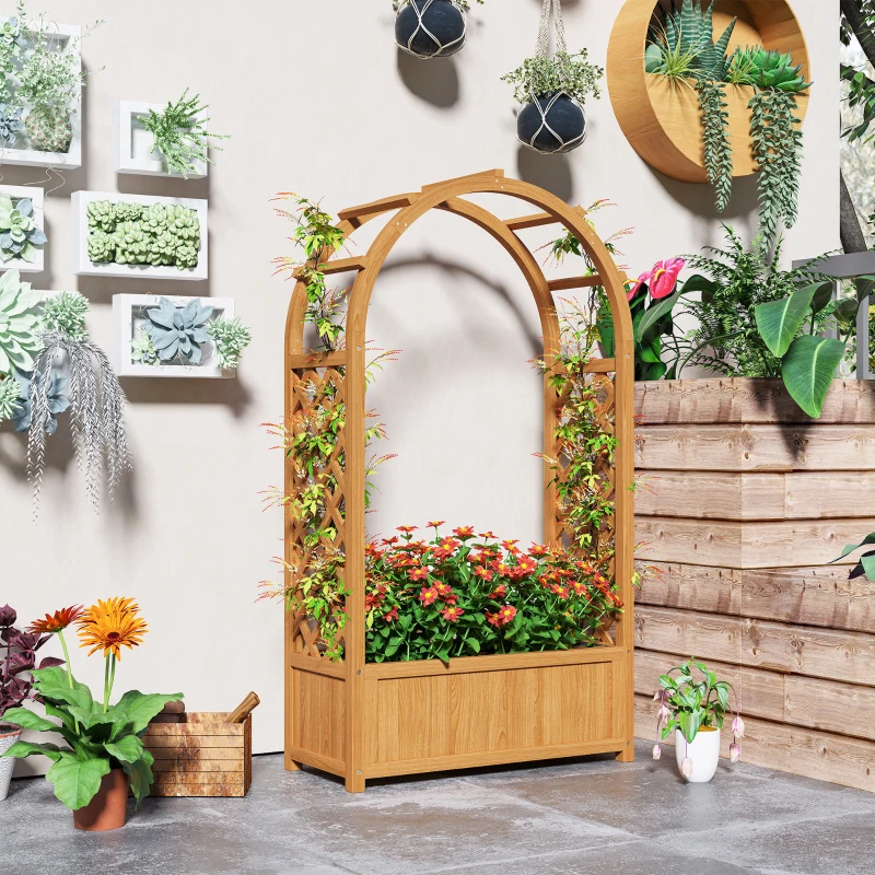 Outsunny Wooden Raised Garden Bed with Arch Trellis, 33" x 14" x 57" Raised Planter Box with Drainage Holes, Trellis Planter for Vine Climbing Plants