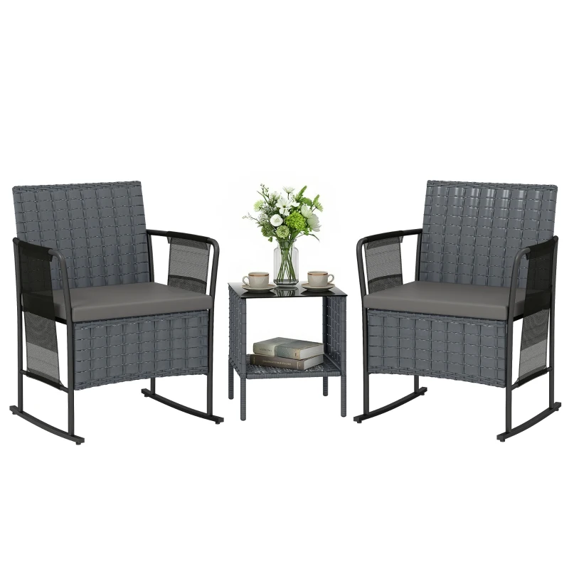 Outsunny 3 Pieces Rocking Bistro Set Outdoor Patio Furniture Set with Side Pockets, Mesh Seat, Cushions, 2-Tier Table, Grey