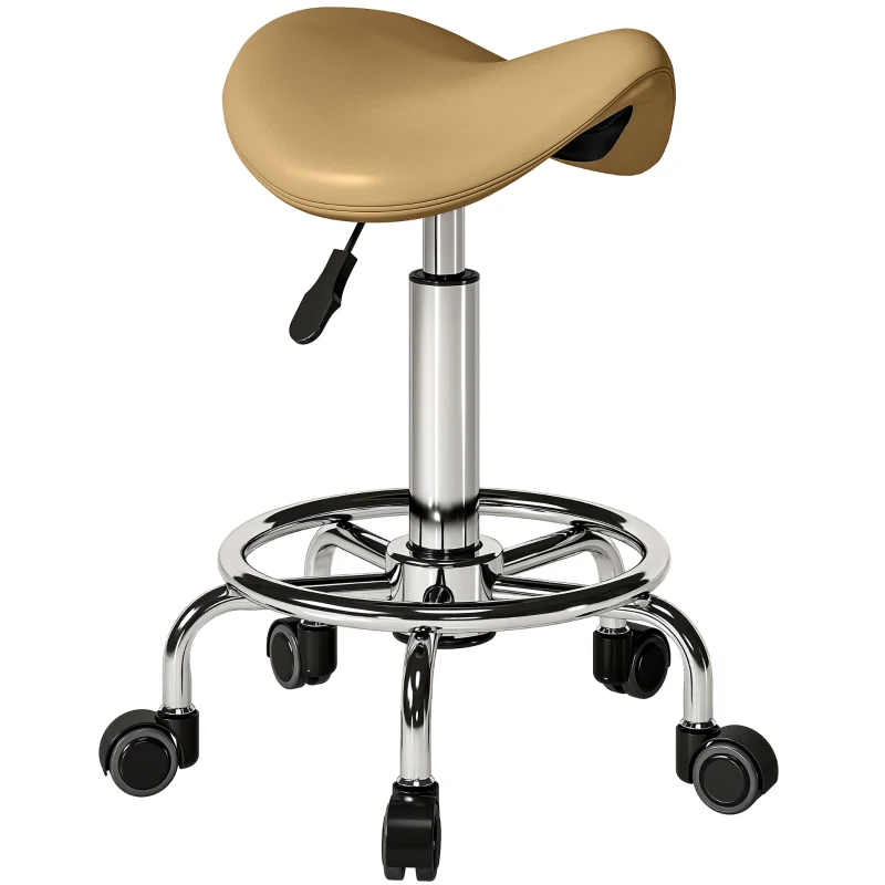 HOMCOM Saddle Stool, PU Leather Adjustable Rolling Salon Chair, Light Brown
