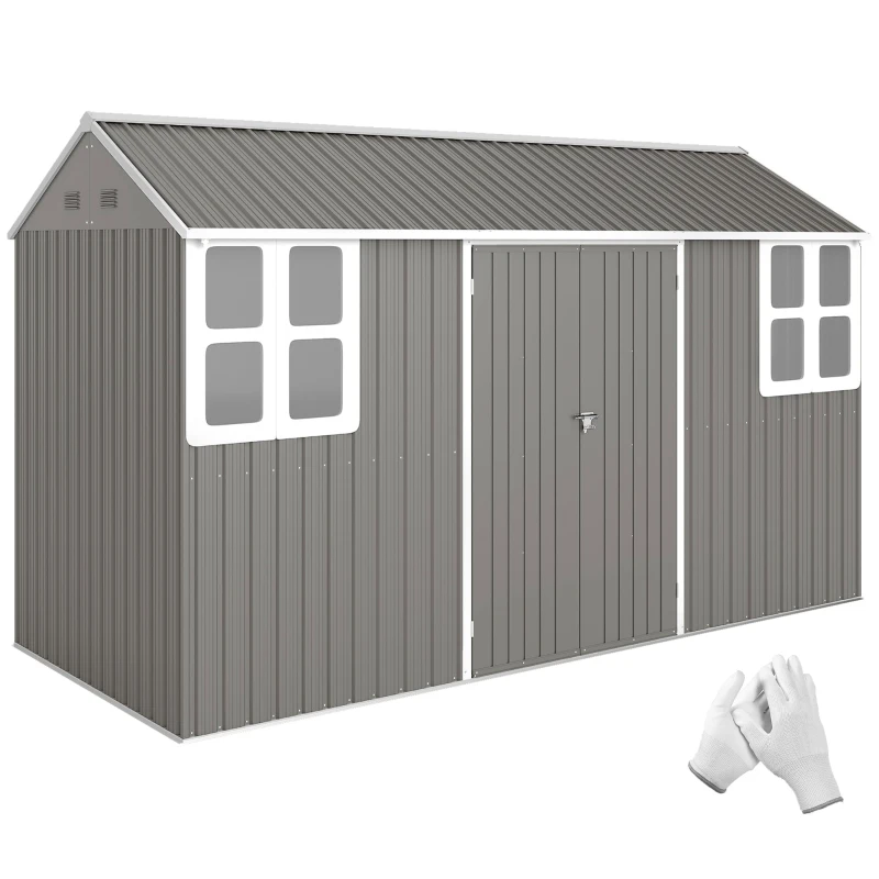 Outsunny 12' x 5.5' Metal Garden Storage Shed, Outdoor Tool Storage House with Lockable Door, Vents, Sloped Roof, Light Grey