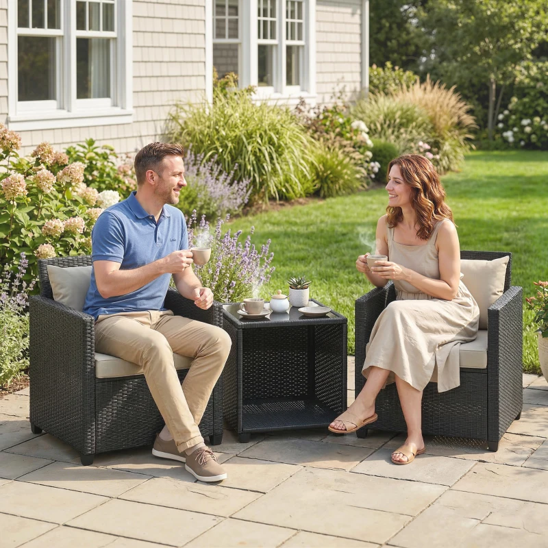 Outsunny 3 Piece Patio Bistro Set, Wicker Furniture Set with Thick Cushions, Glass Coffee Table and Chairs for Garden, Beige