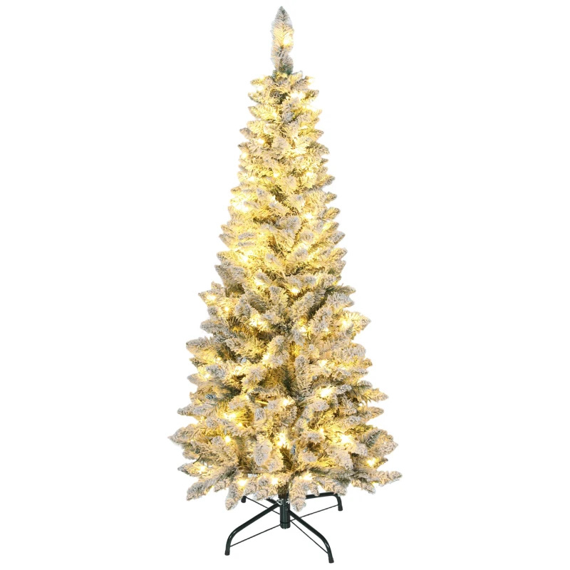 HOMCOM 5ft Flocked Christmas Tree with Dual Colour LED Light, Pencil Hinged Xmas Tree with 11 Light Modes, Easy Assembly