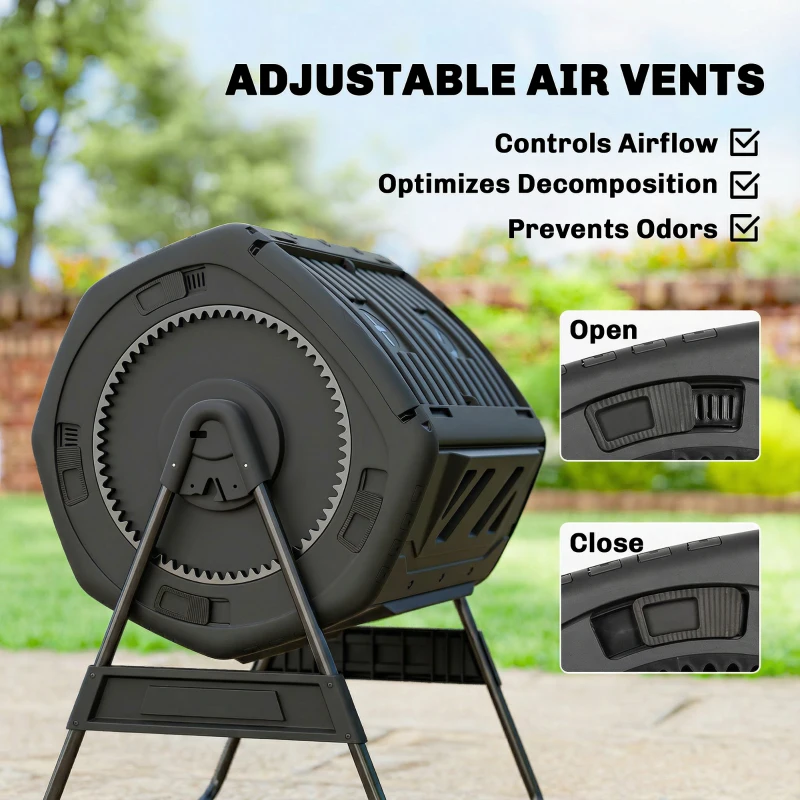 Outsunny Compost Bin Outdoor, 53 Gal Dual Chamber Tumbling Composter with Adjustable Vents, BPA Free Tumbling Composter, Black