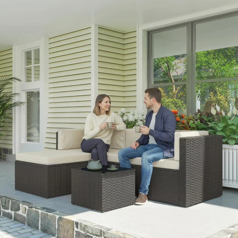 Outsunny 3 Piece Patio Furniture Set, Wicker Outdoor Patio Conversation Furniture Set with Cushions, Glass Top Table, Beige