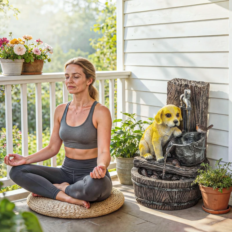 Outsunny 22" Outdoor Fountain with 3-Tier Puppy Theme, Resin Garden Fountain with LED Lights, Adjustable Flow, Rustic Brown