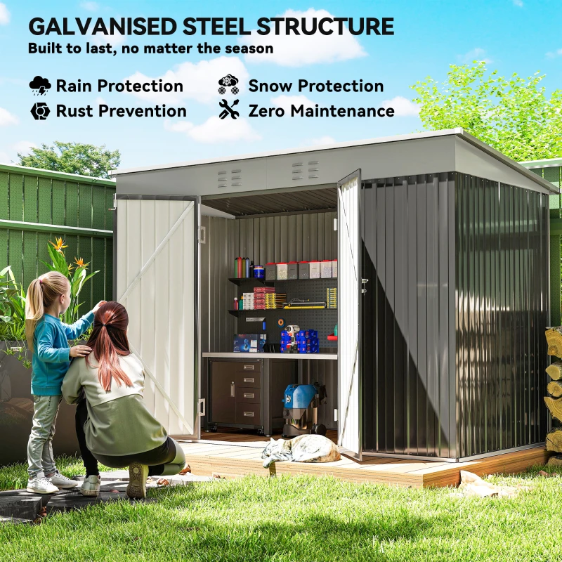 Outsunny 9' x 4' Galvanized Steel Garden Storage Shed with Lockable Doors, Gloves and 2 Air Vents for Backyard, Patio, Lawn