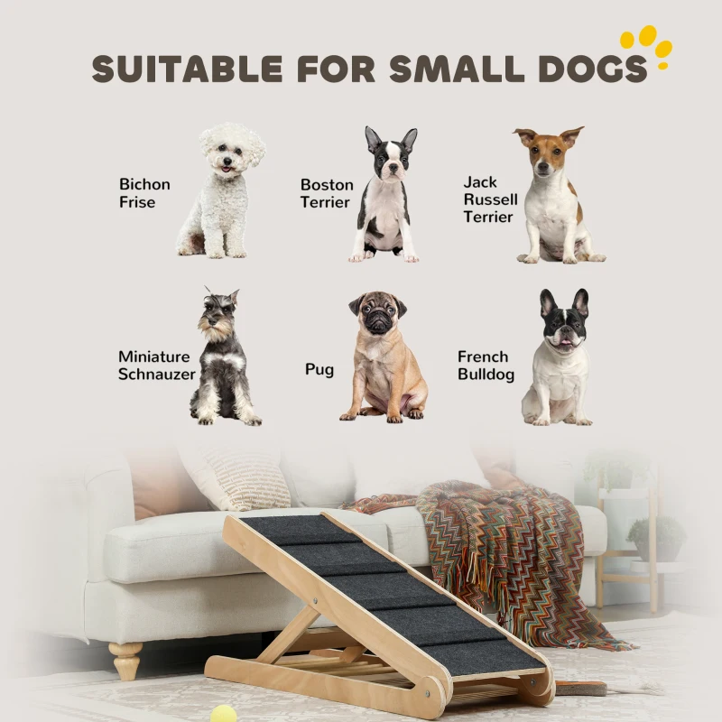 PawHut Dog Ramp for Bed Couch, Foldable Pet Ramp Height Adjustable 4 Levels from 14.75" to 24.5" for Cats and Small Dogs with Non-Slip Carpeted Surface, Natural