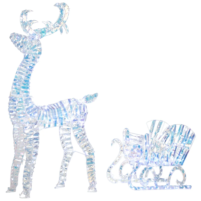 Outsunny Lighted Christmas Reindeer with Sleigh, Outdoor Reindeer with 170 LED Lights and Stakes, Holiday Decor, Silver