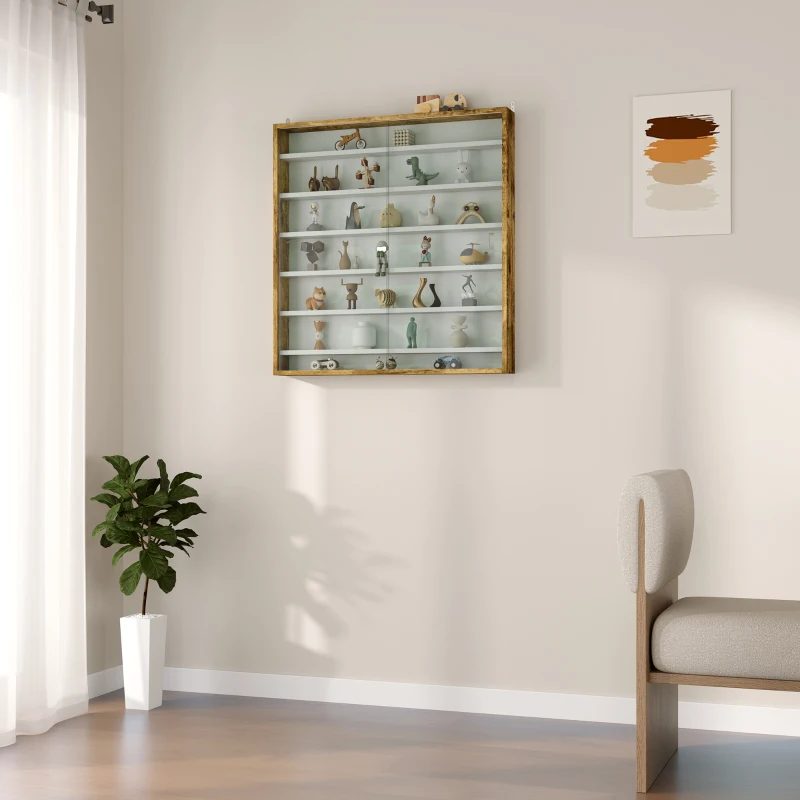 HOMCOM 7-Tier Display Cabinet, Shot Glass Display Case, Glass Curio Cabinet with 2 Glass Doors and 6 Adjustable Shelves, Rustic Brown