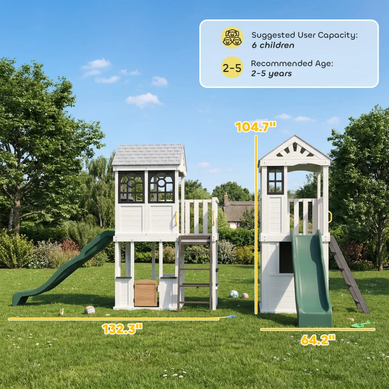 Qaba Two-Story Outdoor Playhouse, Wooden Kids Playhouse with Slide, Table & Bench, Play Kitchen, Ladder, Blackboard, White