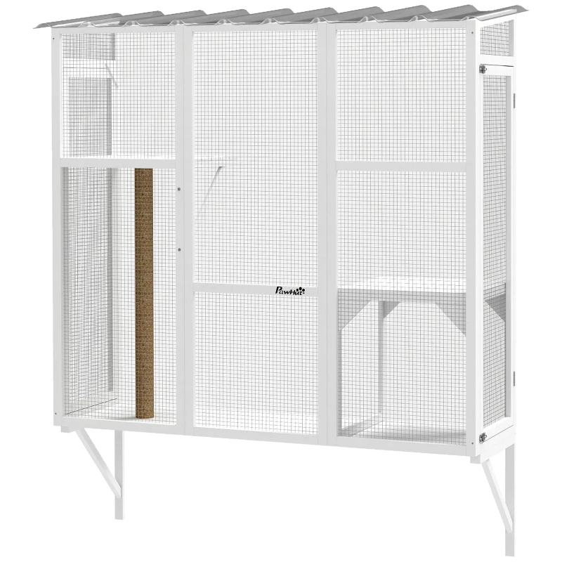 PawHut Wooden Catio Outdoor, Cat Window Box Enclosure for 2-3 Large Cats with 2 Jumping Platforms & Scratching Post, White
