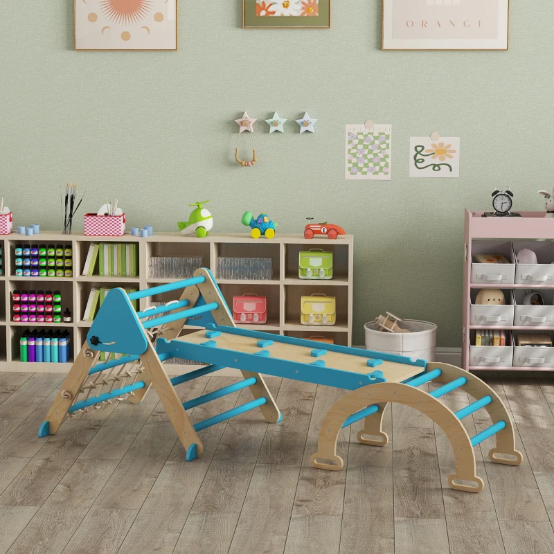 Qaba 8-in-1 Pikler Triangle Set, Foldable Wooden Climbing Toys with Arch, Ramp and Ladder for Ages 18-48 Mouths, Blue