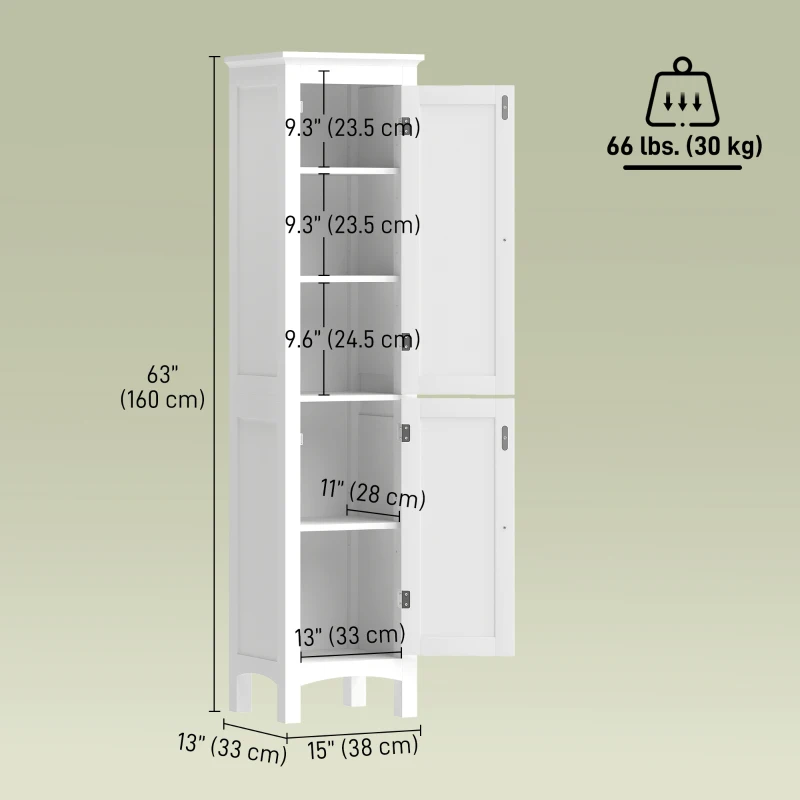 kleankin Tall Bathroom Cabinet, Freestanding Storage Organizer with Adjustable Shelves and Cupboards, 15" x 13" x 63", White