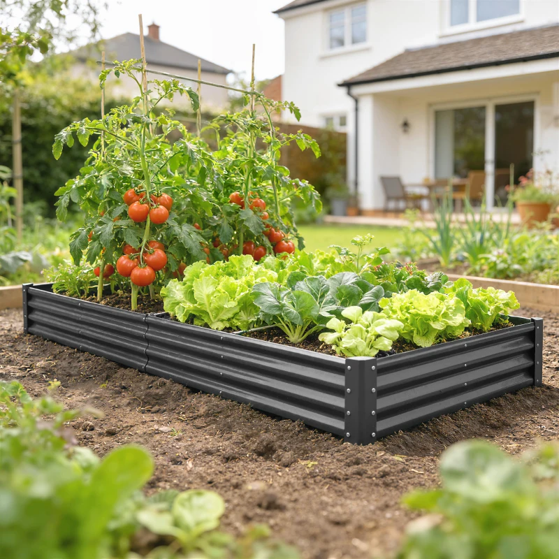 Outsunny 12 x 4 x 1ft Galvanized Raised Garden Bed, Reinforced Outdoor Planter Box with Open Bottom, Dark Grey