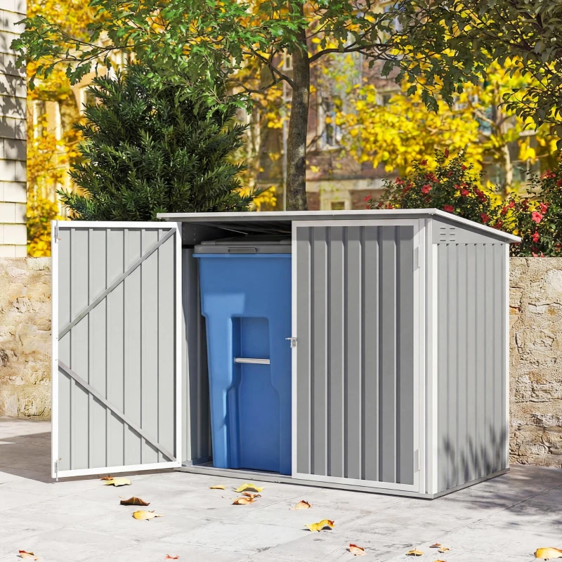 Outsunny Outdoor Metal Storage Shed Garden Garbage Can Organizer with Double Door and Vents for 2 Trash Cans, Light Grey