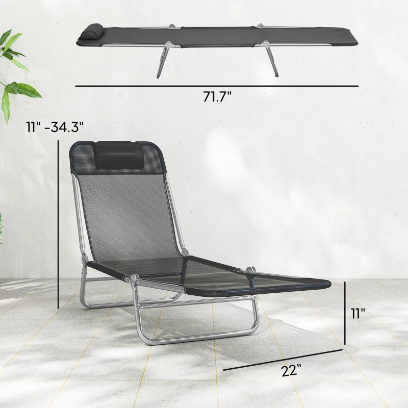 Outsunny 2 Piece Sun Loungers, Folding Chaise Lounge Chairs with Reclining Back, Breathable Mesh Seat, Headrest, Black
