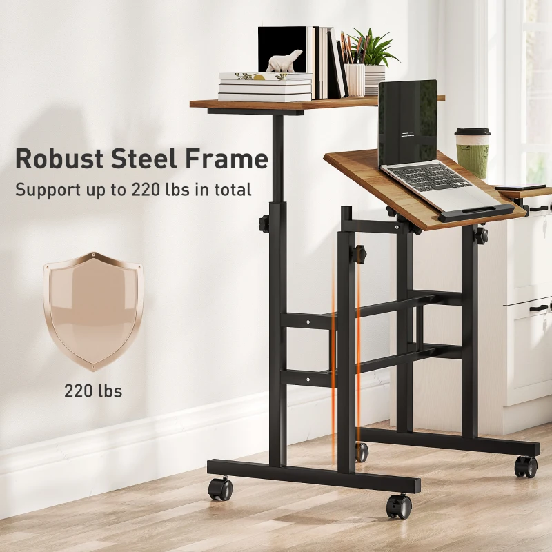HOMCOM Mobile Stand Up Desk, Height & Angle Adjustable Computer Desk with Wheels for Standing or Sitting, Laptop Desk, Brown