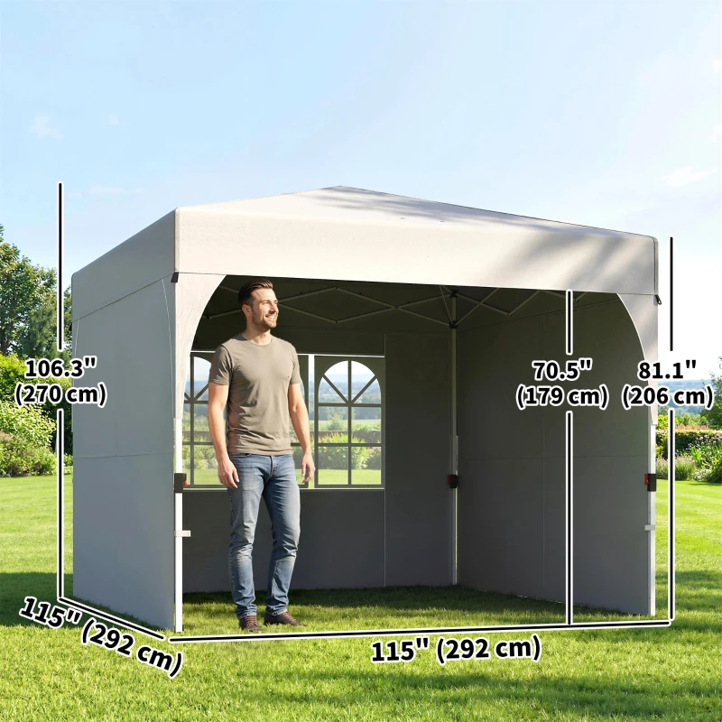 Outsunny 9.6 x 9.6 ft Pop Up Canopy Tent with 3 Sidewalls, UPF 50+ 1-Button Push Easy Setup Outdoor Instant Canopy, Light Grey