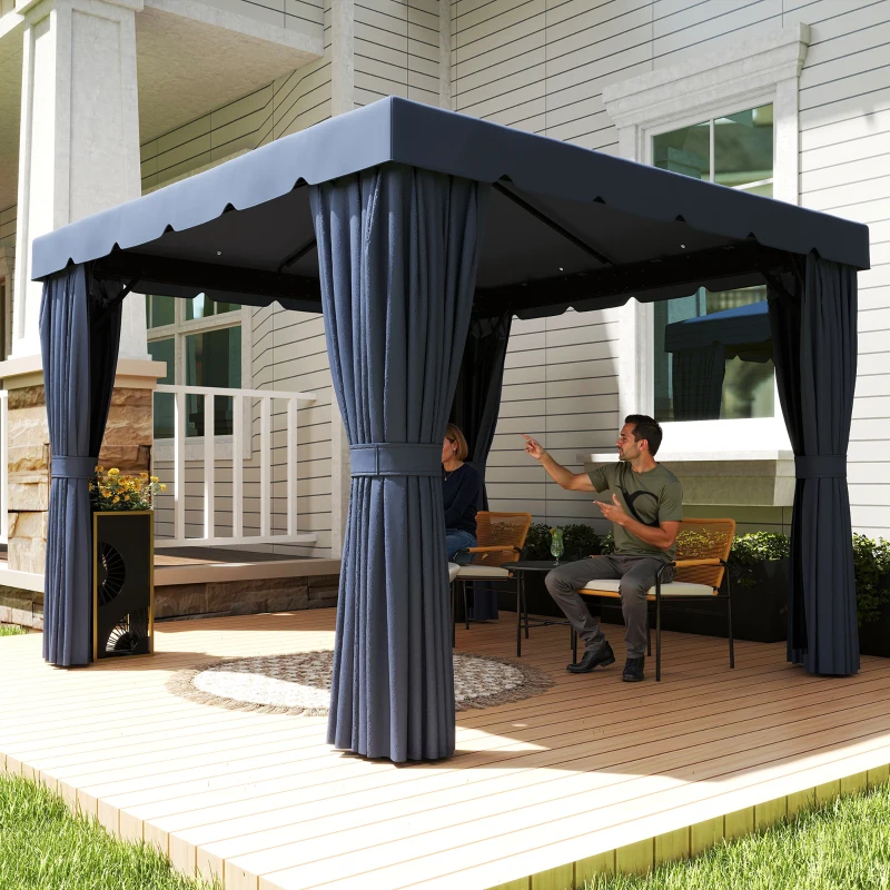 Outsunny 10' x 10' Outdoor Patio Gazebo Double Soft-top Garden Shelter Tent with Curtains, Mesh Screen Drapes, Dark Blue