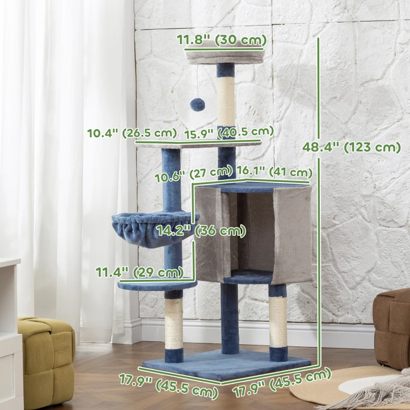 PawHut 48" Modern Cat Tree with Condo, Hammock, Perch, Sisal Scratching Posts, Toy Ball, for Indoor Cats, Blue and Grey