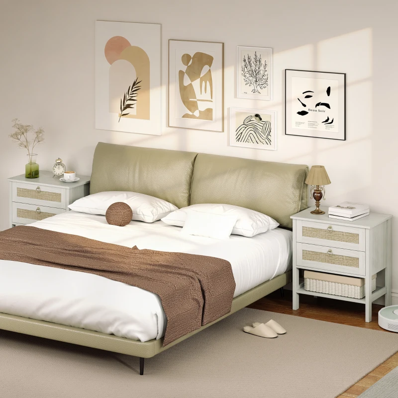 HOMCOM Set of 2 Boho Bedside Tables, Rattan Nightstands with 2 Drawers, Storage Shelf, End Side Tables for Bedroom, White Oak