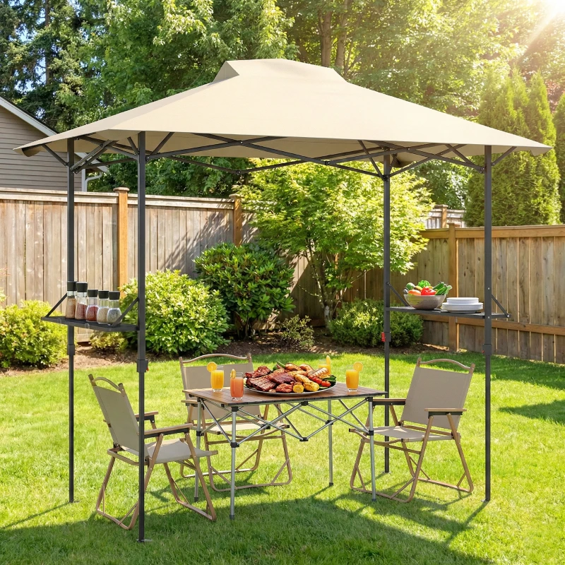 Outsunny 5 x 8.5 ft Pop Up Grill Gazebo with 2 Shelves, UPF 50+ Outdoor Instant Canopy Portable Shelter with Carry Bag, Khaki