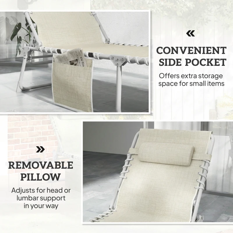 Outsunny Tanning Chair Set of 2 with Face Hole and Side Table, 5-Position Folding Outdoor Chaise Lounge Chair, Beige