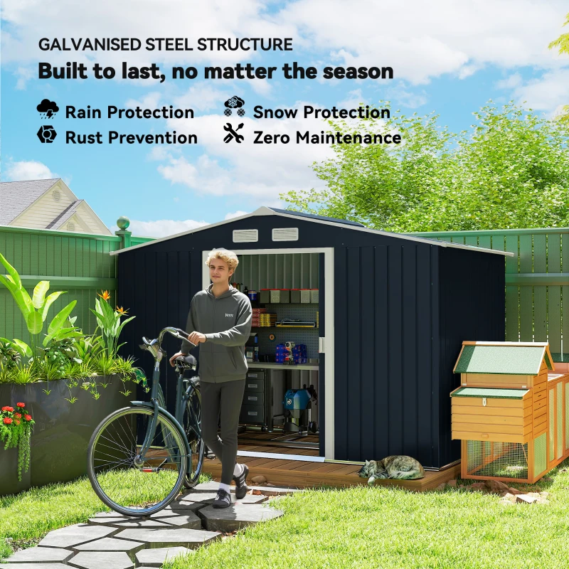 Outsunny 9' x 6' Outdoor Storage Shed, Garden Tool Metal Shed with Foundation Kit, Dark Gray