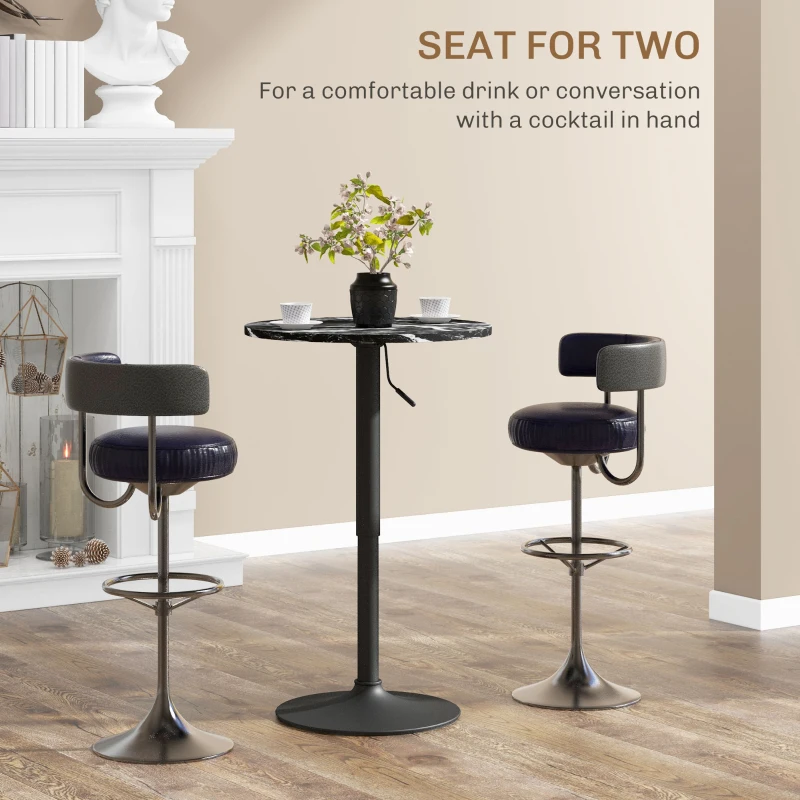 HOMCOM Adjustable Bar Table for 2, Round Pub Table with Steel Base for Home Bar, Small Dining Room, Black Marble