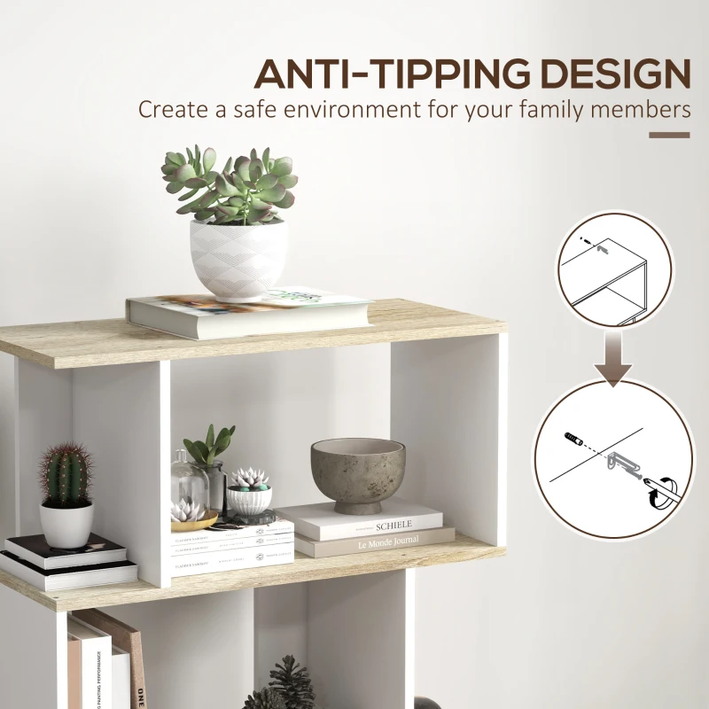 HOMCOM 5-Tier Bookshelf, Geometric S Shaped Bookcase, Tall Narrow Display Shelf for for Living Room, Study Room, White