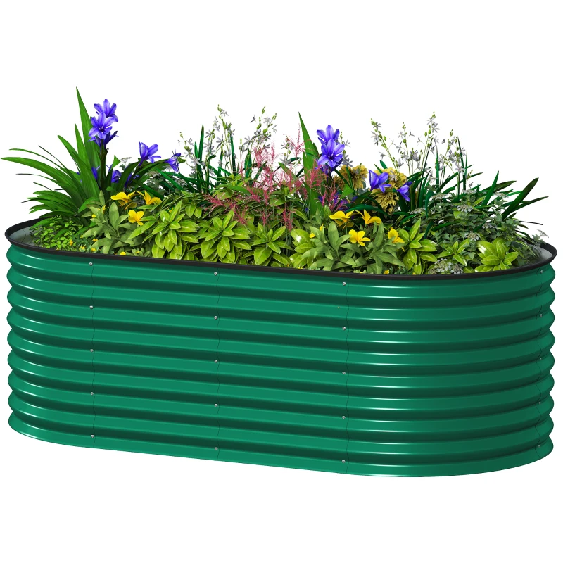 Outsunny 5 x 2.5 x 2 ft Galvanized Raised Garden Bed, Easy DIY Oval Planter Box with Safety Edging and Gloves, Dark Green