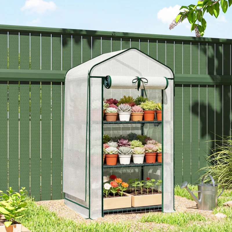Outsunny Mini Greenhouse with Screen Roof, Portable Small Greenhouse with Roll-Up Zipper Door, 27.6" x 19.7" x 50", White