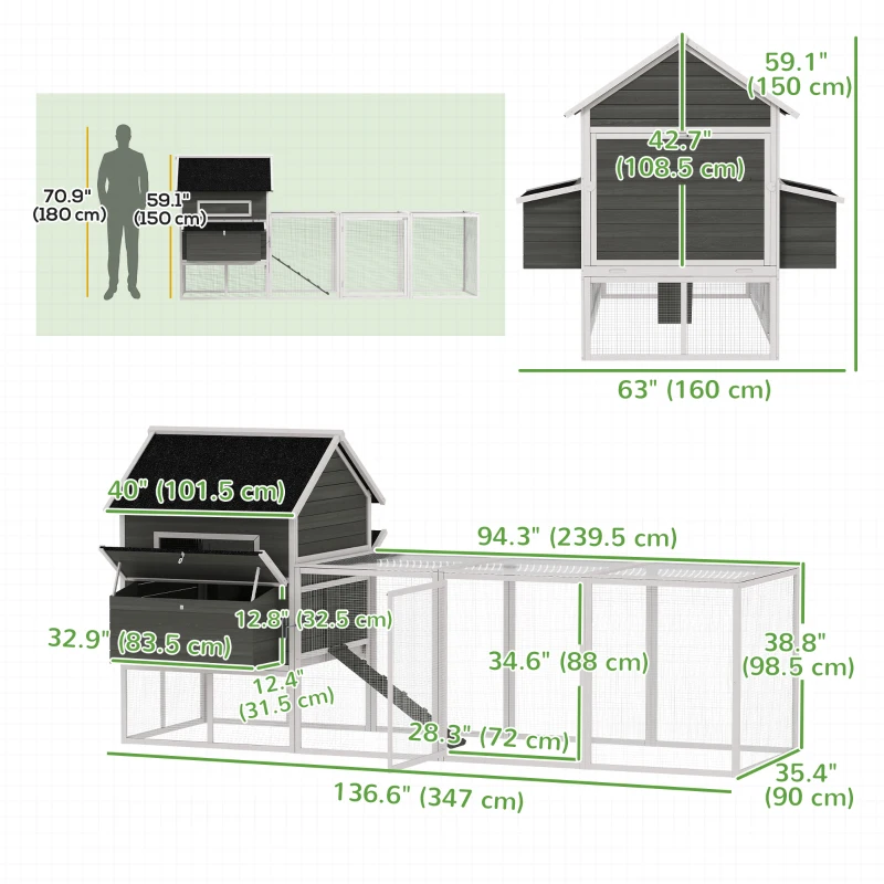 PawHut 137" Wooden Chicken Coop with Chicken Run, Nesting Box, Dark Grey
