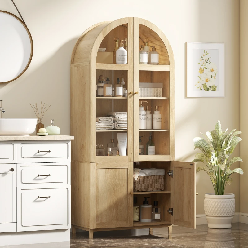 HOMCOM Arched Kitchen Pantry Cabinet, 71" Tall Farmhouse Kitchen Storage Cabinet with Acrylic Glass Doors, Oak