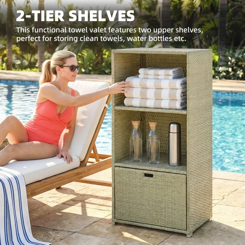 Outsunny Valet Pool Towel Rack, Water-Resistant PE Plastic Rattan Wicker Storage Organizer, 2 Shelves, 1 Basket Drawer