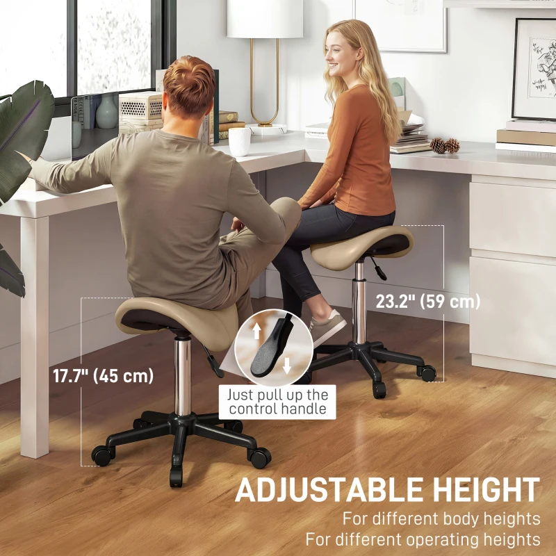 HOMCOM Rolling Salon Stool, PU Leather Swivel Saddle Chair, Adjustable Height Stool with Wheels for Spa, Salon, Office, Brown