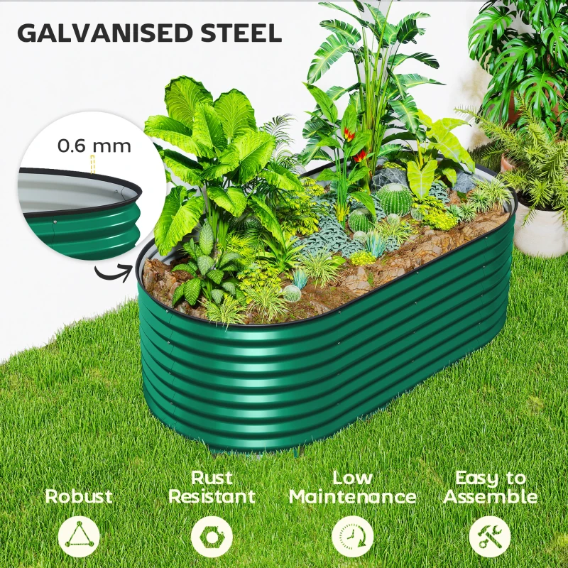 Outsunny 5 x 2.5 x 2 ft Galvanized Raised Garden Bed, Easy DIY Oval Planter Box with Safety Edging and Gloves, Dark Green