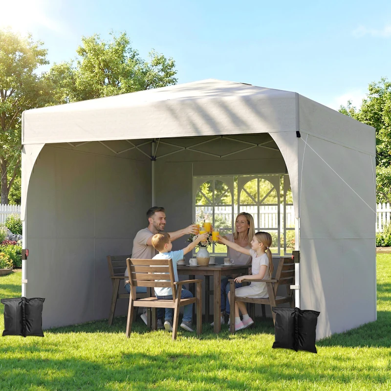 Outsunny 9.6 x 9.6 ft Pop Up Canopy Tent with 3 Sidewalls, UPF 50+ 1-Button Push Easy Setup Outdoor Instant Canopy, Light Grey