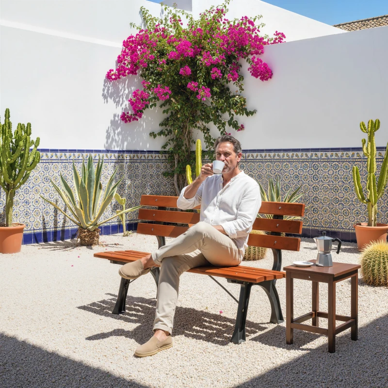 Outsunny 47 Inch Outdoor Garden Bench, Aluminum Wood Patio Loveseat with Slatted Seat Back, 528 lbs. for Porch, Park, Coffee