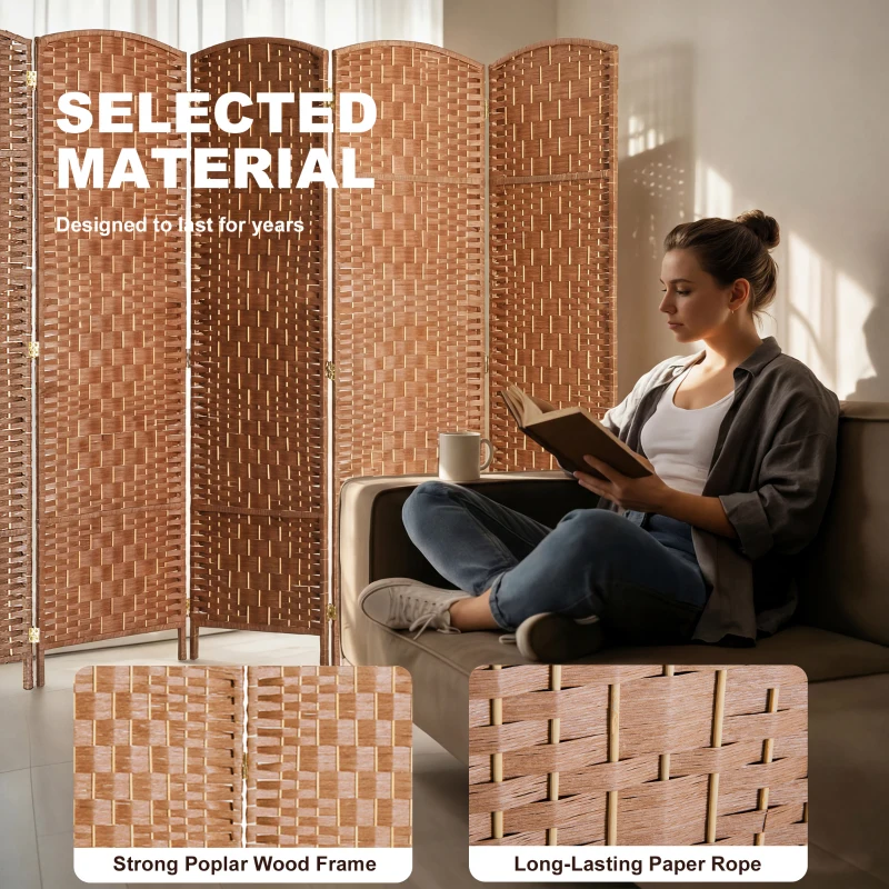 HOMCOM 6ft Folding Room Divider, 6 Panel Wall Partition with Wooden Frame for Bedroom, Home Office, Natural