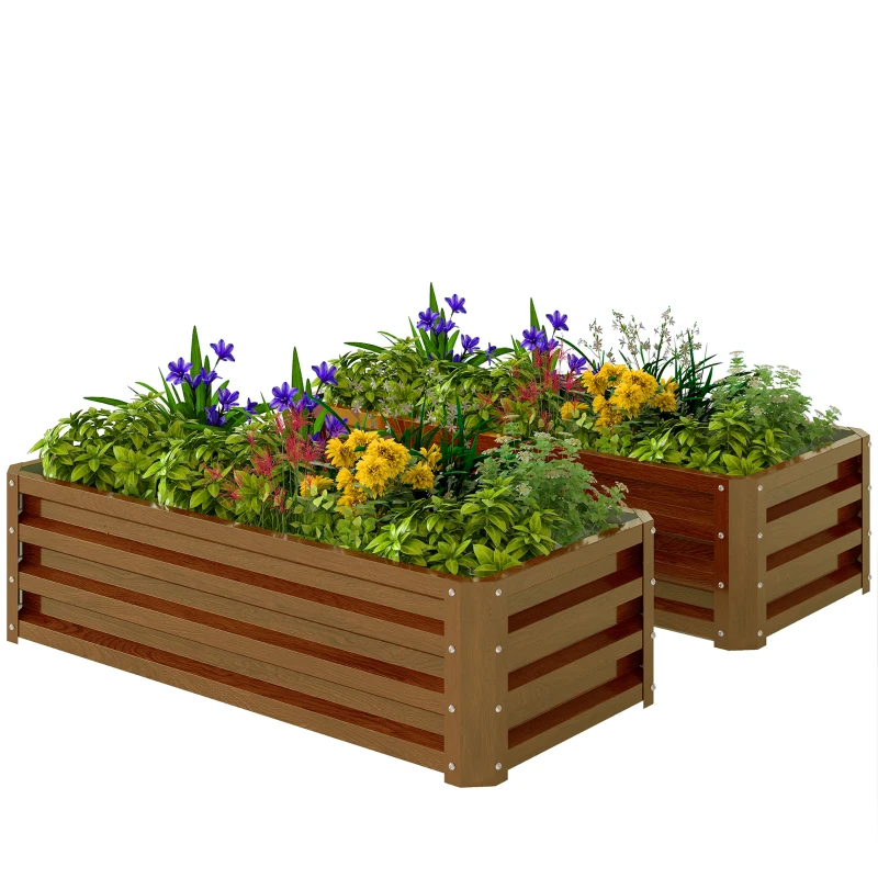 Outsunny Galvanized Raised Garden Beds, Outdoor Planter Box, Set of 2, for Flowers, Herbs and Vegetables, Brown Wood Effect