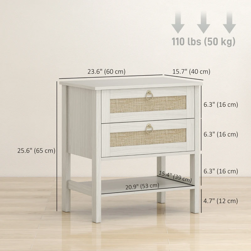 HOMCOM Set of 2 Boho Bedside Tables, Rattan Nightstands with 2 Drawers, Storage Shelf, End Side Tables for Bedroom, White Oak