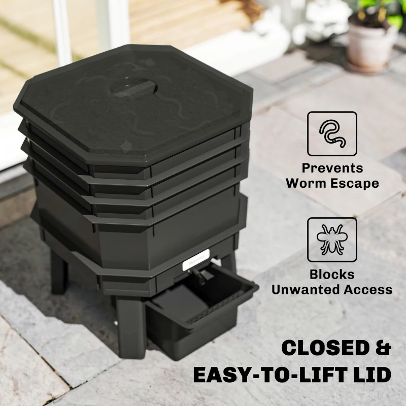 Outsunny 4-Tray Worm Composter Bin, 7.4 Gal Outdoor & Indoor Worm Composter for Recycling Food Waste, Black
