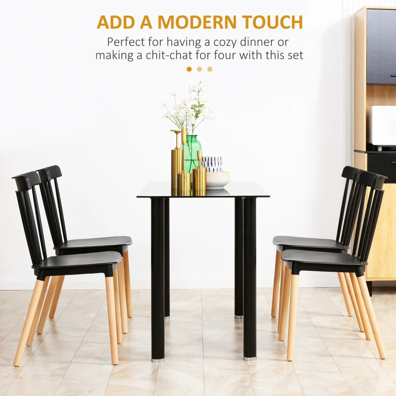 HOMCOM Dining Chairs Set of 4, Modern Kitchen Chair with Slatted Back, PP Seat, Beechwood Legs for Living Room, Black
