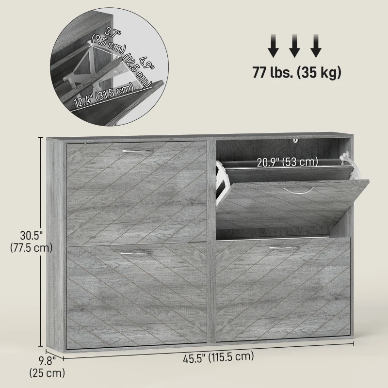 HOMCOM Shoe Storage Cabinet with 4 Flip Drawers, Narrow and Slim, 12-20 Pair of Shoes Organizer for Hallway, Entryway, Grey