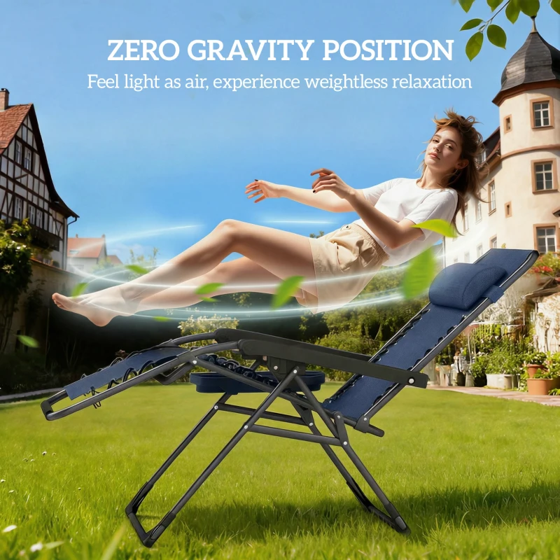 Outsunny Zero Gravity Chair Set of 2, Folding Reclining Outdoor Lounge Chair with Cup Holder, Headrest, Dark Blue